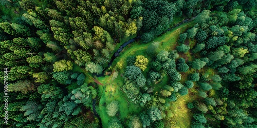 Aerial view of a lush green forest path