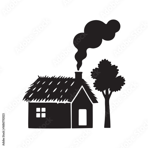 A white background illustration of a silhouette of a house with a smoke coming out of the chimney. 