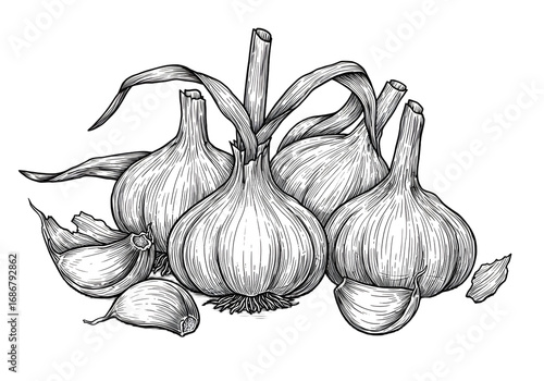 Isolated White Garlic Bunch Illustration on Transparent Background