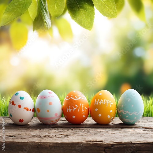 Colorful easter eggs lined up on a wooden surface with blurred greenery background