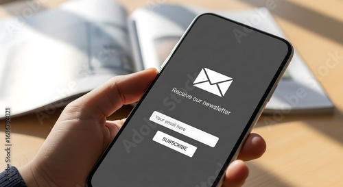 Person signing up for a newsletter on their smartphone, email subscription form displayed.