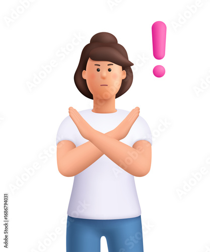 Serious woman Jane standing with crossing arms with pink exclamation mark. No or stop sign. Refusal, rejection, prohibition, alerts, danger concept. 3d vector people character. Cartoon minimal style.