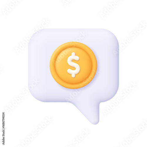 Speech bubble with gold coin with dollar sign. Finance, online payments, financial communication, business presentation concept. 3d vector icon. Cartoon minimal style.