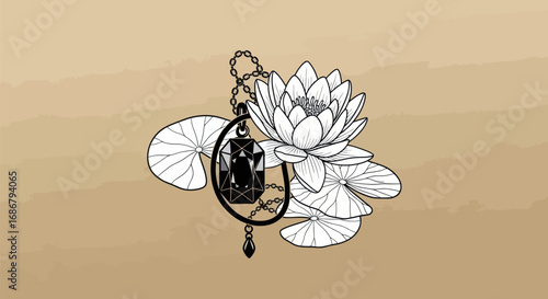 Hand drawn water lily flower with a beautiful jewel pendant.