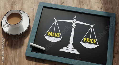 A chalkboard displaying a balance scale, symbolizing the weighing of value against price, with a cup of coffee nearby.