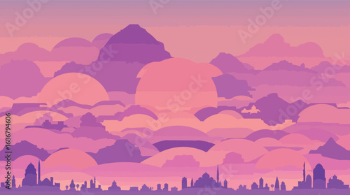 Stylized Silhouette Cityscape with Layered Mountains and Clouds at Sunset vector illustration.