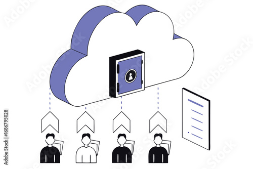 Cloud computing concept with a digital safe and people uploading data represented by upward arrows and documents
