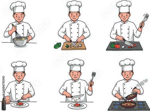 Chef cooking in kitchen cartoon set, food preparation, culinary skills, chopping, mixing, frying, garnishing, professional cooking, restaurant, cuisine, meal