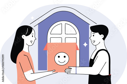 Delivery person handing package with smiley face to woman in front of house facade vector illustration