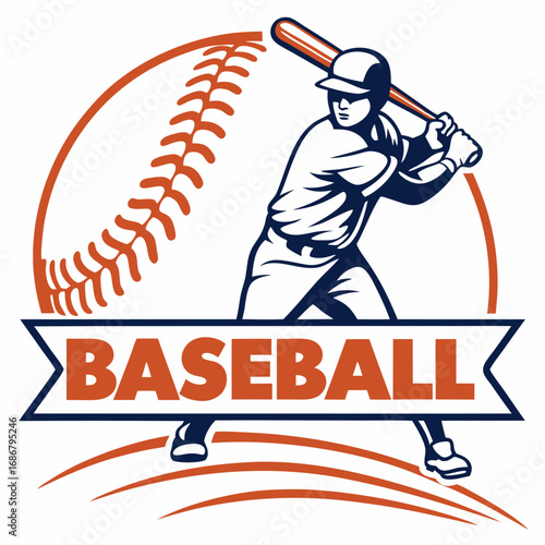 Baseball Player Swinging Bat with Emblem and Text sport game