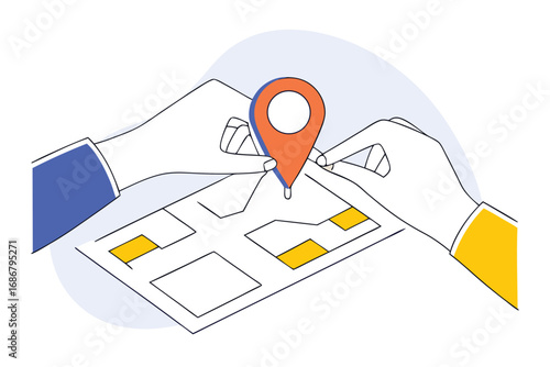 Hands Placing Pin on Map for Location or Navigation vector illustration