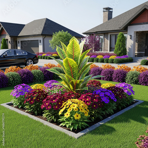 Vibrant front yard landscaping with colorful flower beds, a striking central plant, green lawn, and modern suburban homes.