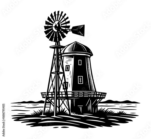Vintage windmill vector – classic rural water-pumping tower beside field, detailed countryside illustration