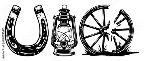 Frontier essentials vector set – horseshoe, kerosene lantern and wagon wheel in rustic Wild West line art