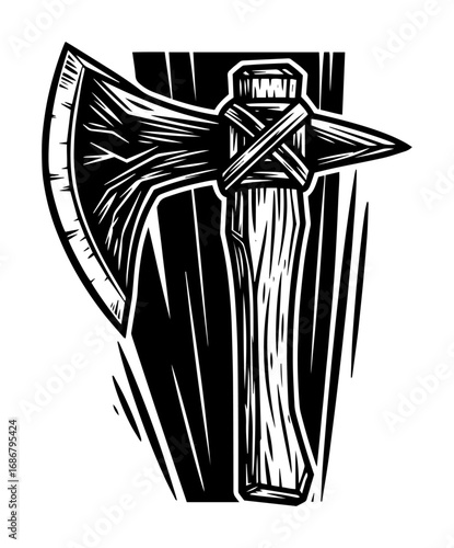 Tomahawk axe vector – hatchet with wrapped handle and sharp blade, dynamic tribal style line drawing