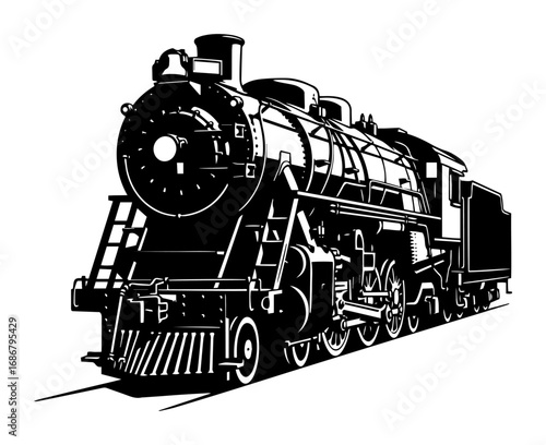 Steam locomotive vector – vintage Western railroad engine, bold frontier transportation line drawing