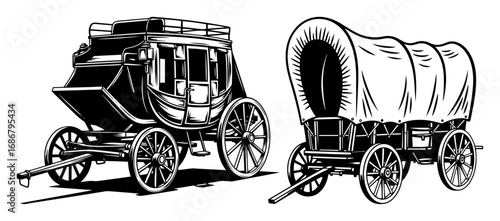 Western wagons vector set – stagecoach and covered chuck wagon, classic frontier transportation line art