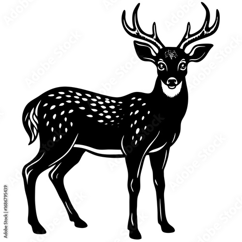 Black and white silhouette of a deer with antlers and spots facing forward on a white background Keywords: deer, stag, buck, animal, wildlife, nature, forest, woodland, mammal, herbivore, venison