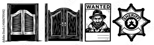 Sheriff office icons vector – saloon doors, wanted poster and star badge, classic Wild West law symbols