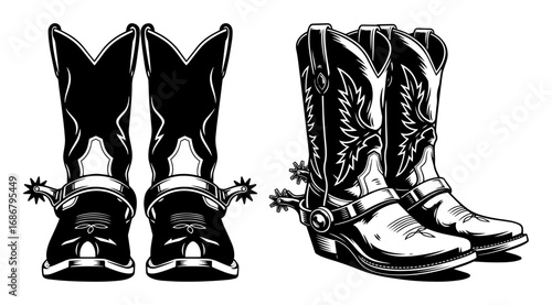 Cowboy boots vector – pair of embroidered leather boots with spurs, detailed Western footwear drawing