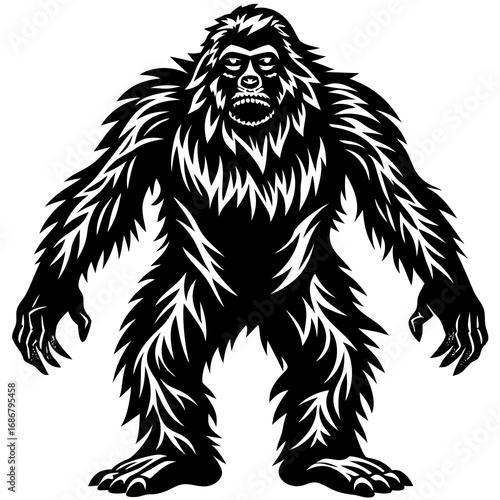 Black and White Silhouette of Bigfoot Standing with Arms Outstretched sasquatch yeti