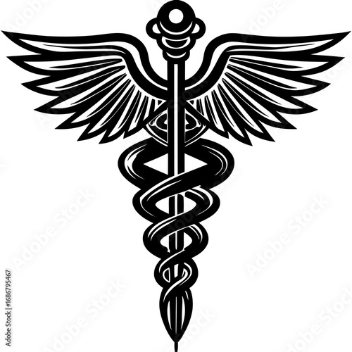 Black caduceus symbol with bold wings and snakes on white background medical symbol healthcare