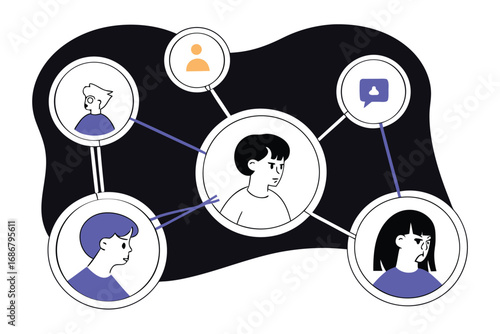 Network of people with different emotions connected by lines, illustrating social connections and communication