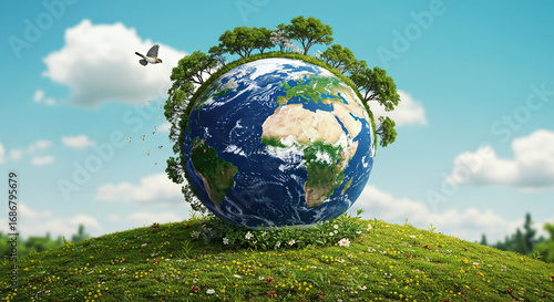 Vibrant Earth rests on a lush green hill, adorned with trees and flowers, under a bright blue sky with fluffy white clouds and a soaring bird