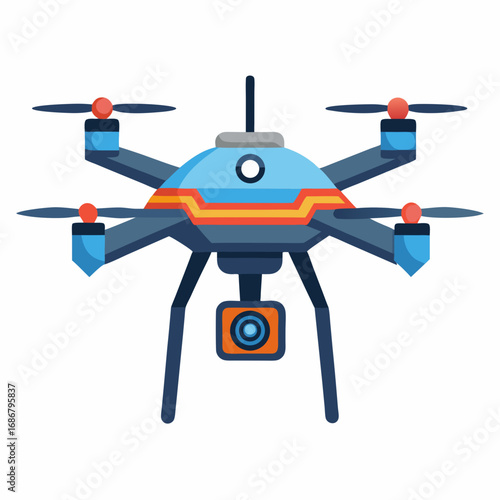 Colorful illustration of a blue and orange drone with a camera quadcopter unmanned aerial vehicle