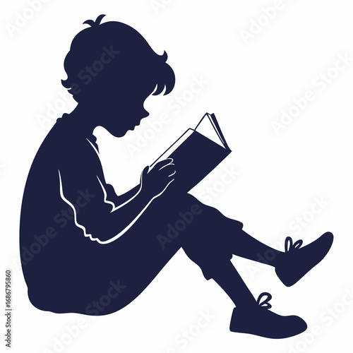 Dark blue silhouette of a boy sitting with legs crossed reading a book on a white background child