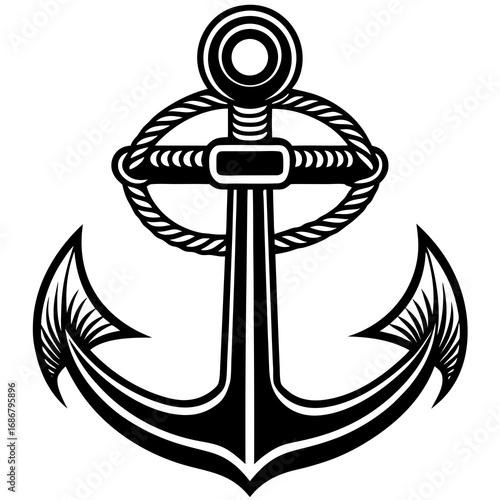 Detailed black anchor with rope wrapped around its shank on white nautical maritime