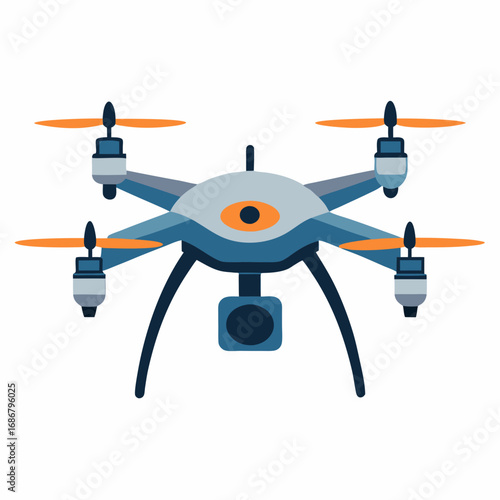 Flat design illustration of a blue quadcopter drone with orange propellers and a camera aircraft aerial