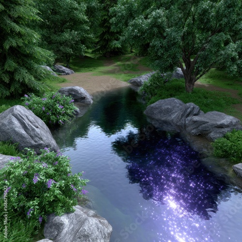 Serene Waterscape: A tranquil scene of a calm, pristine lake reflecting the surrounding trees, rocks, and sky. The play of light on the water creates a soothing, peaceful atmosphere. 