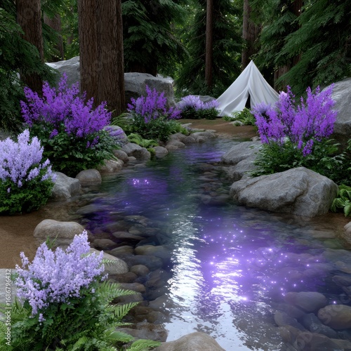 Enchanted Forest Stream: A tranquil stream meanders through an enchanting forest, its waters shimmering with a mystical glow, the scene is enhanced by a small, inviting tent.