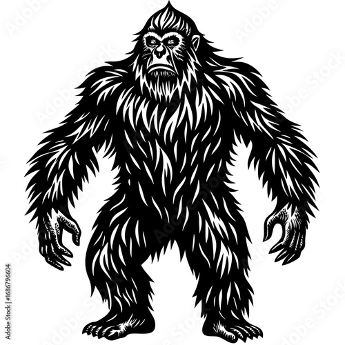 Stylized black and white illustration of a Bigfoot or Sasquatch creature standing with arms outstretched on a white background