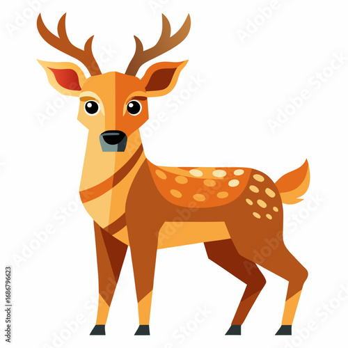 Stylized cartoon deer with antlers and spots on a white background Keywords: deer, fawn, stag, animal, wildlife, nature, forest, woodland, mammal, herbivore, venison, venatic, cervidae, cervine