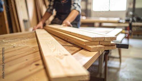 A diligent craftsman meticulously arranges natural wood planks on a sturdy workbench, preparing the raw timber for a custom carpentry project in a bright workshop, highlighting skill and material