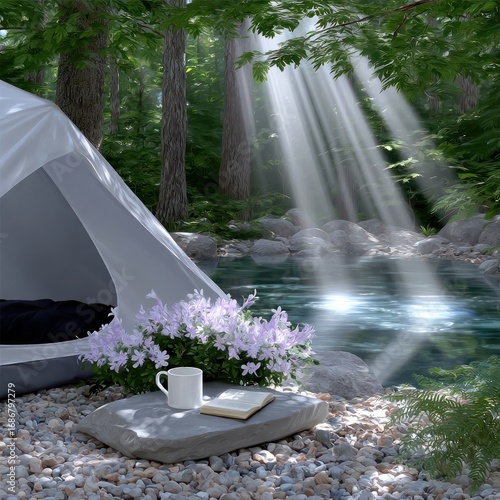 Camping Oasis: A serene campsite scene, featuring a tent set beside a tranquil lake, with sunlight streaming through the forest canopy, offering a perfect escape for a solo adventure.