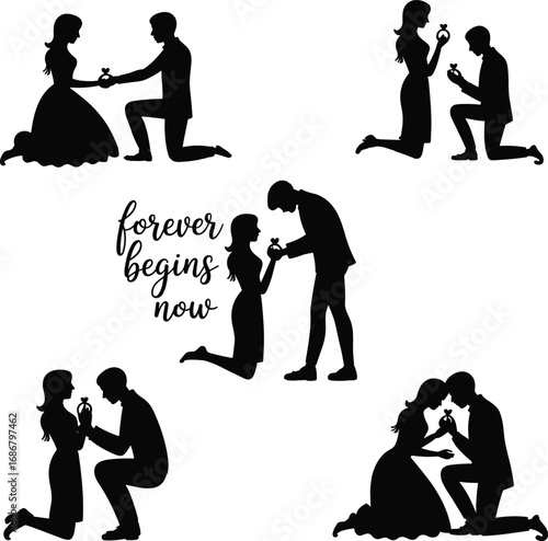 Romantic engagement silhouettes, couples proposing marriage, love moments, engagement rings, heartfelt proposals, romantic gestures, forever begins now, wedding commitment symbols
