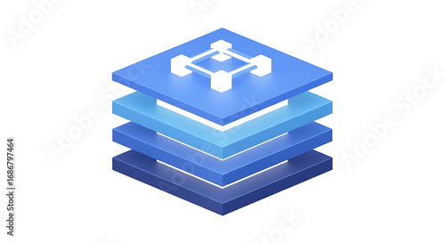 Isometric stack of four blue squares with a white network icon on the top layer on white background