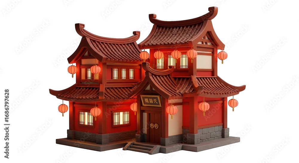 Fototapeta premium A stylized, red and brown pagoda, adorned with glowing red lanterns, evokes an oriental ambiance.