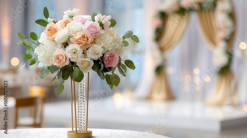 Beautiful flower arrangement adorns wedding reception hall, creating a celebratory and ambiance romantic