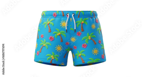 Blue swim trunks featuring a sunny beach theme evokes a vibrant and playful summer mood.