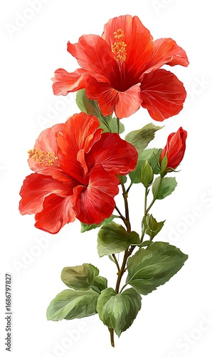 Vibrant red hibiscus flowers on a branch with green leaves