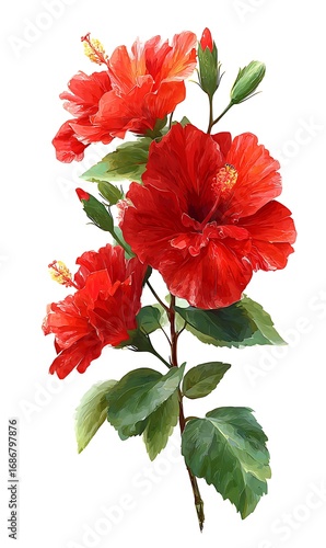 Vibrant red hibiscus flowers in bloom on a branch