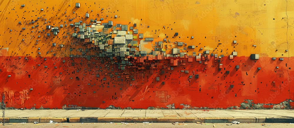 Fototapeta premium 3D blocks on orange wall, street view, pixelated design background, for urban art