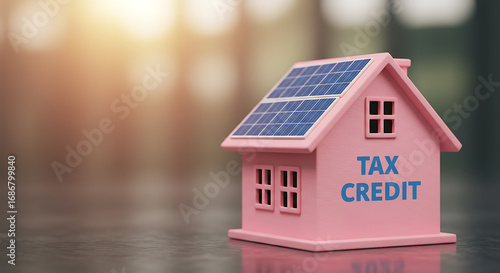 Pink miniature house with solar panels on roof labeled TAX CREDIT, symbolizing renewable energy incentives for homeowners and eco-friendly building investments, green living concept