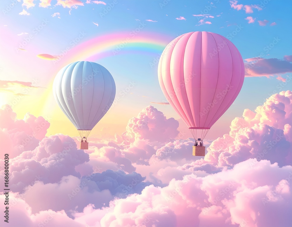 Fototapeta premium Illustration of colorful balloons on a blue sky with clouds on a white background