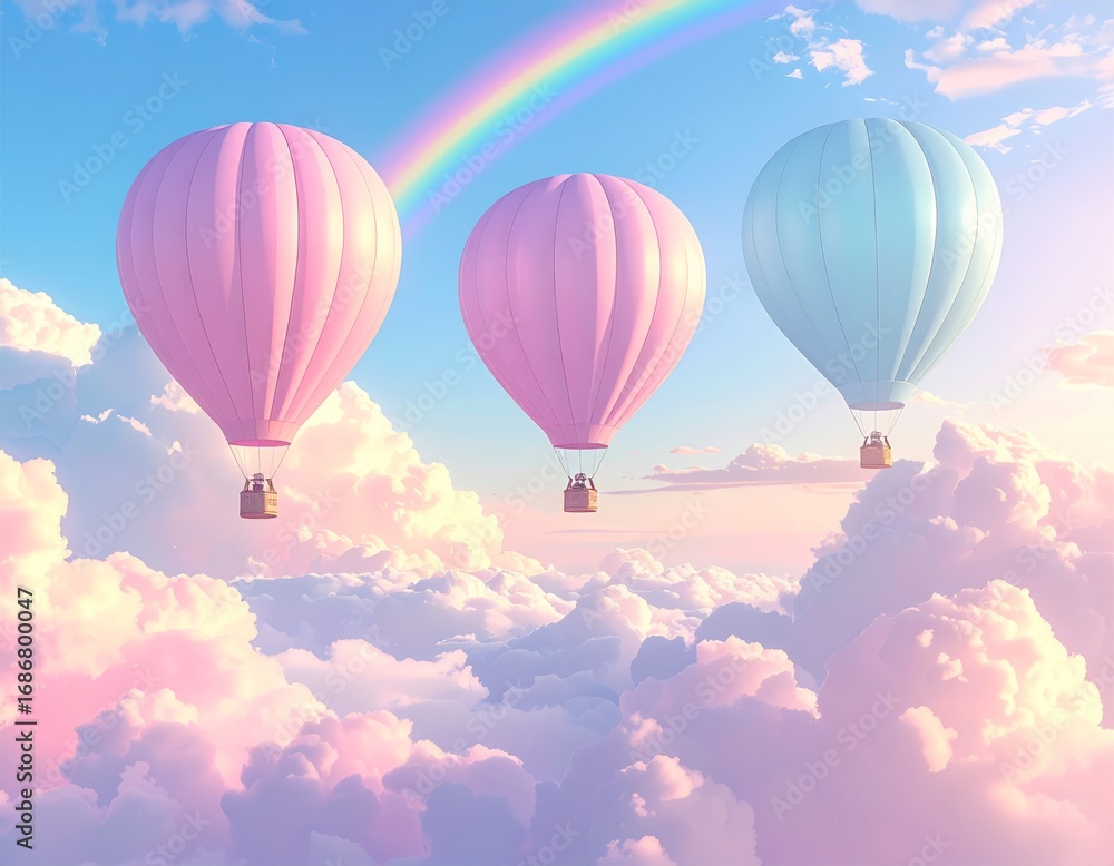 Fototapeta premium Illustration of colorful balloons on a blue sky with clouds on a white background