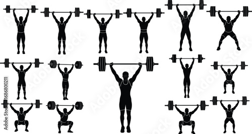 Silhouette of muscular man lifting heavy barbell in multiple weightlifting positions, strength training, fitness workout, gym exercise, powerlifting, athletic performance images
